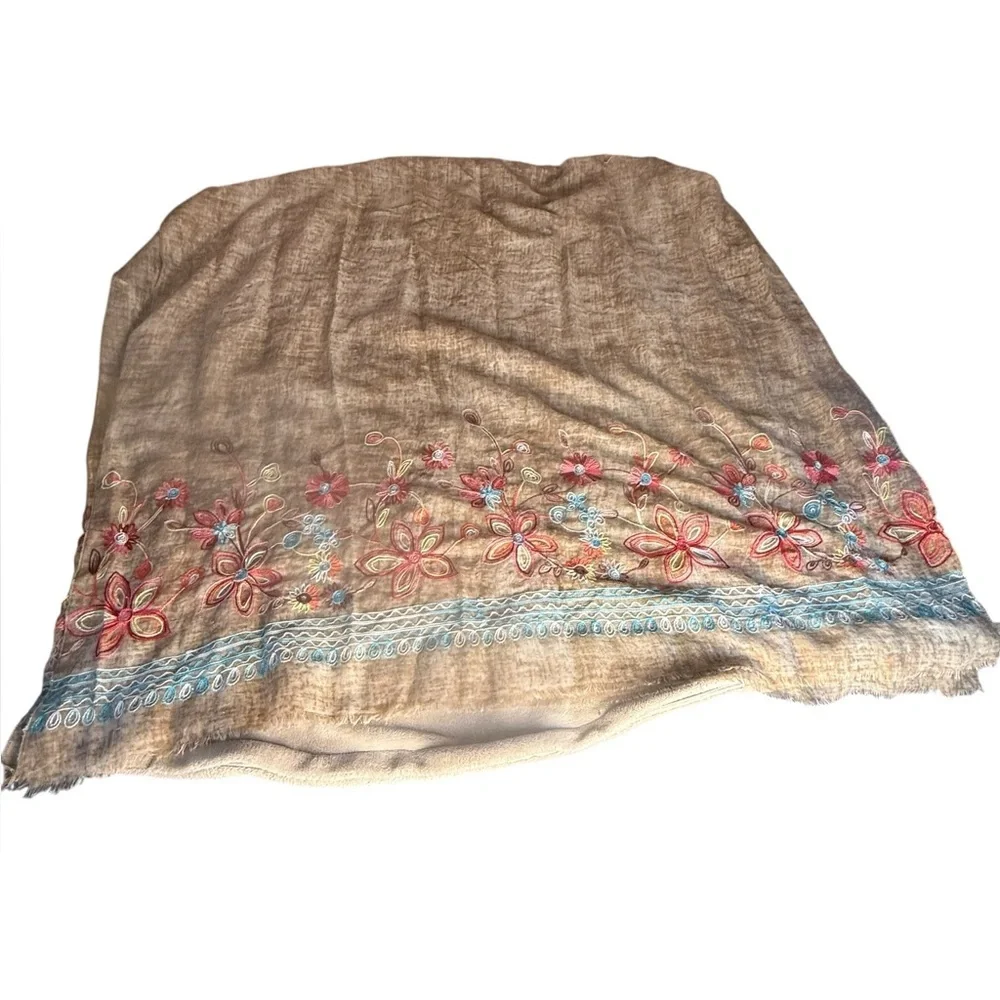 Rare Haw by Twentynine‎ Palms Tan Oversize Floral Embroidered Scarf